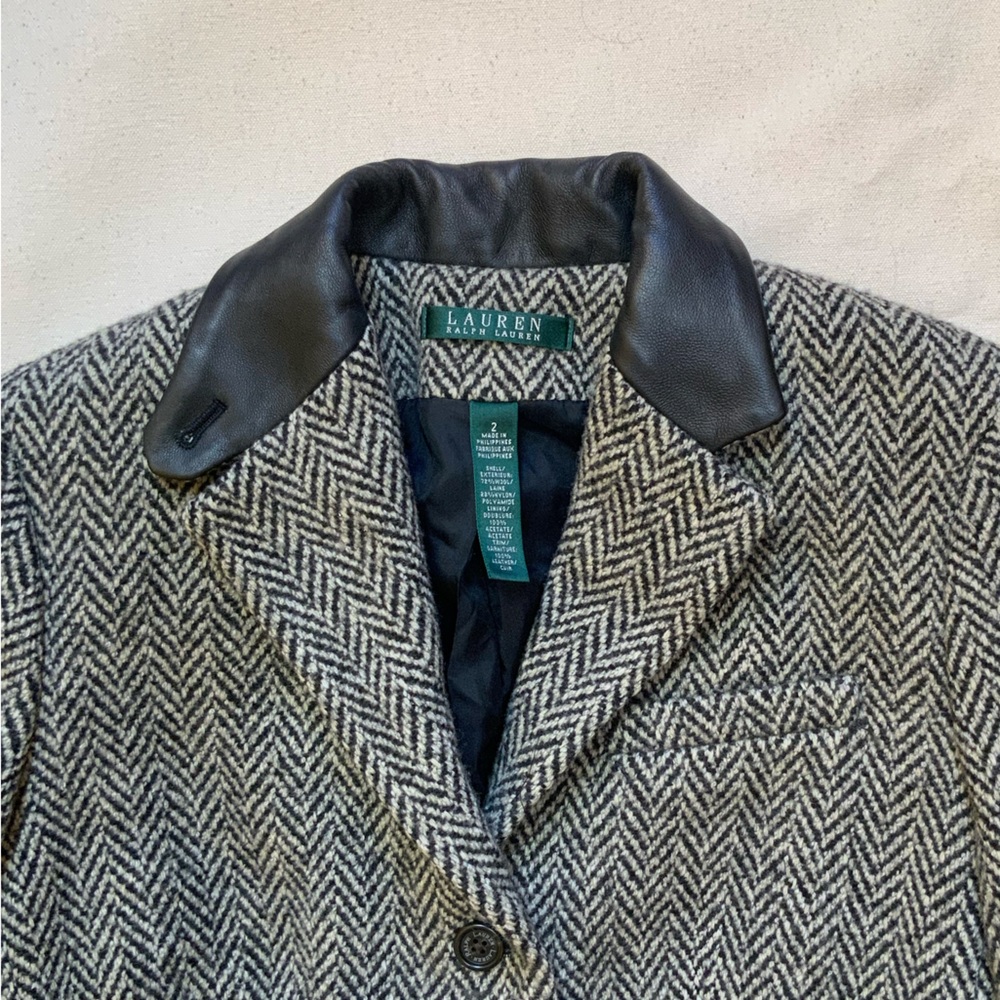 Ralph Lauren Black and Gray Wool & Leather Herringbone Blazer Size 2 - Picture 2 of 6